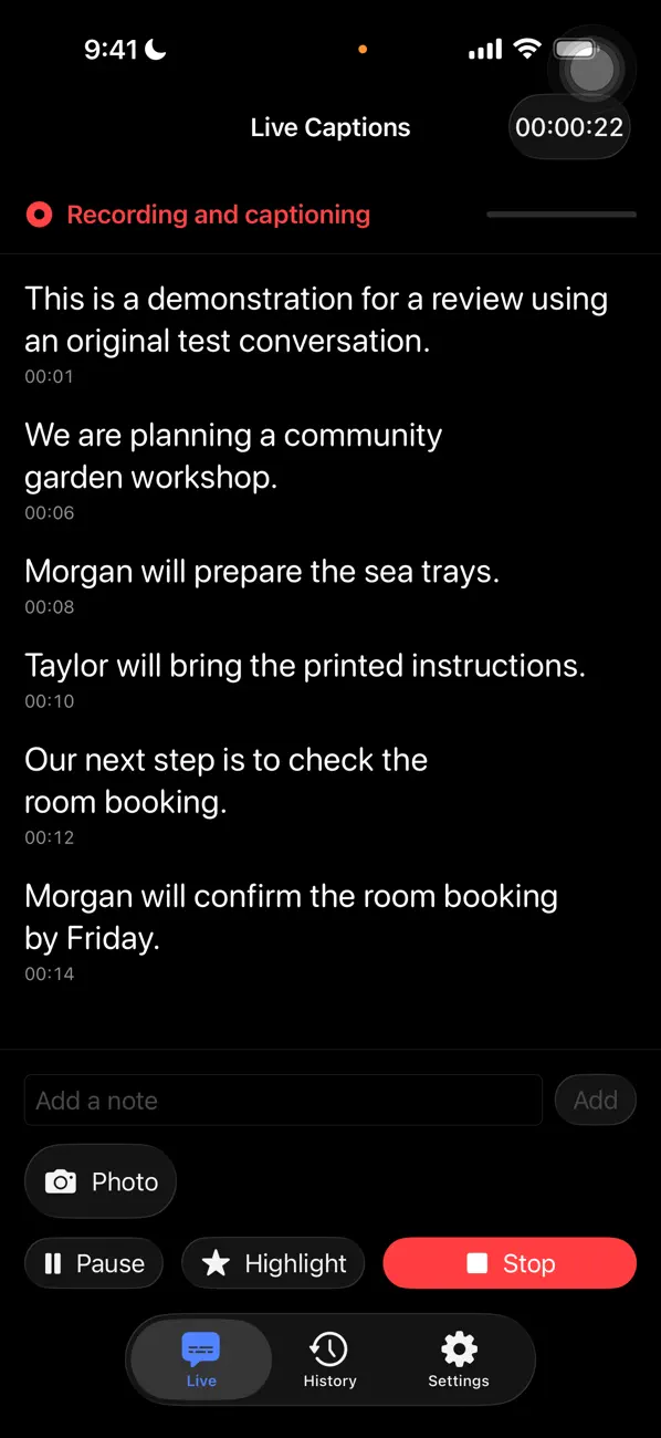 Recognizing Captions on iPhone showing live text from a fictional garden workshop and controls to add a note, photo or highlight