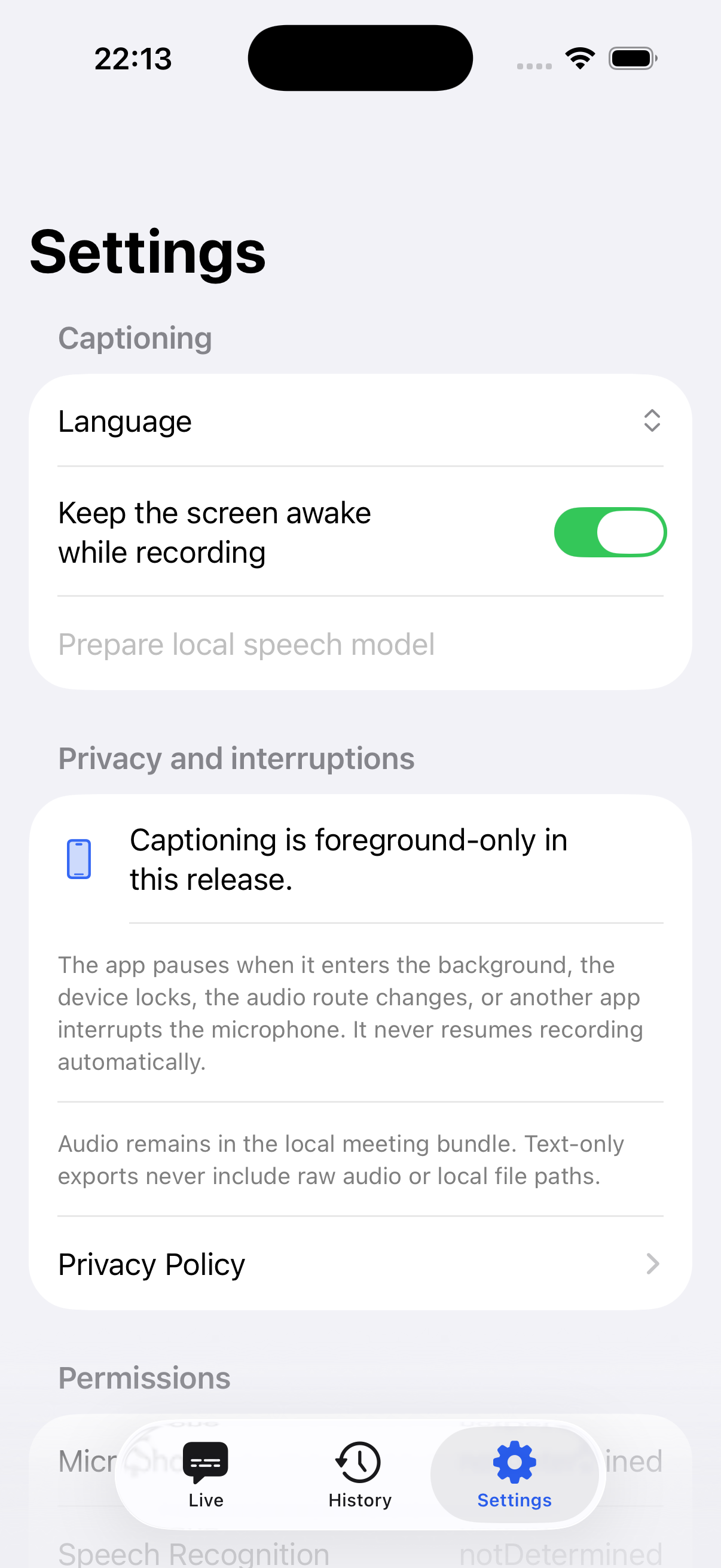 The real Recognizing Captions privacy and interruption settings on iPhone