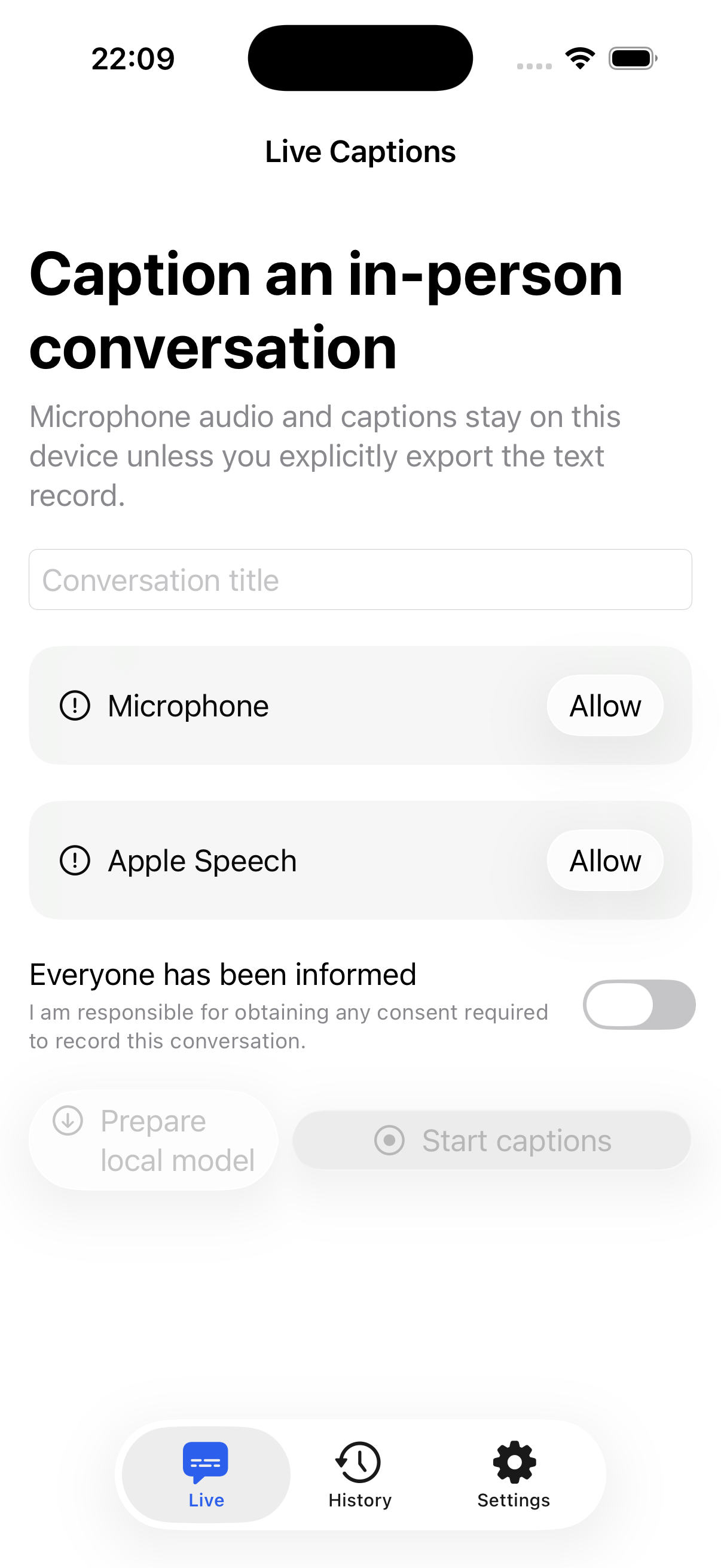The real Recognizing Captions start screen on iPhone