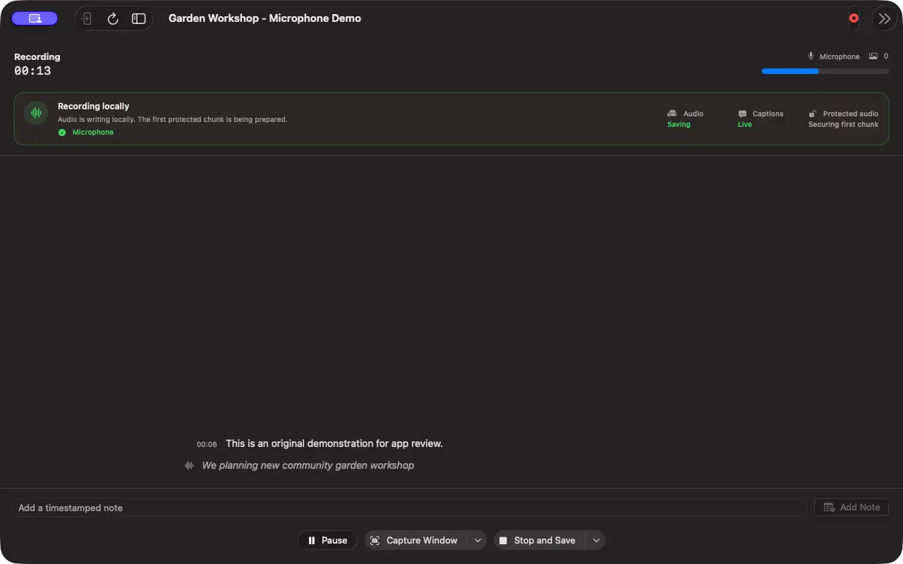 Recognizing on Mac recording a fictional garden workshop, with live captions and a timestamped note field