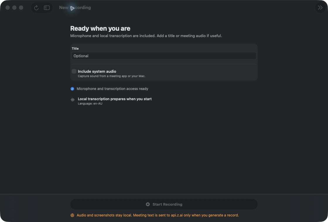The real Recognizing New Recording screen on Mac with its recording history hidden